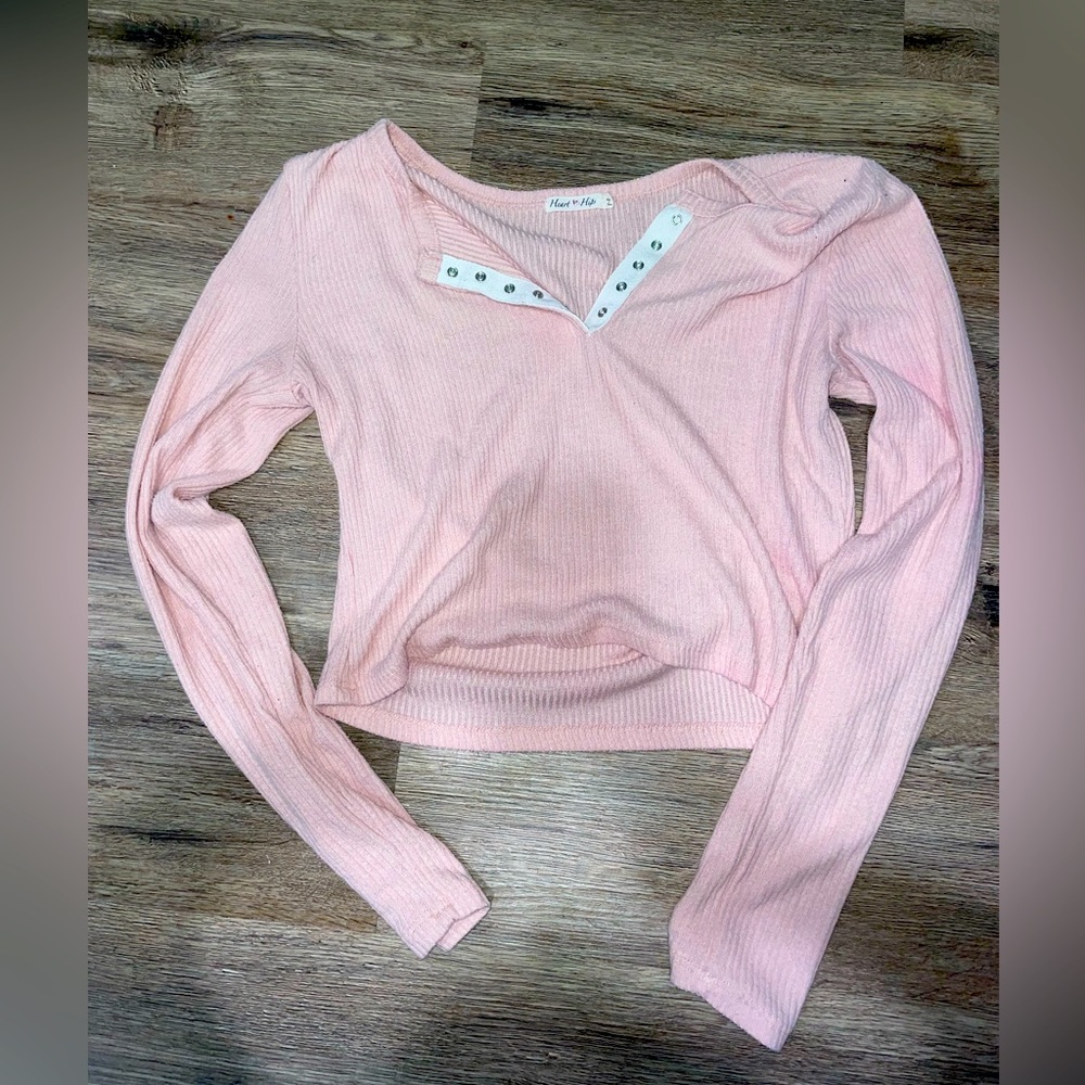 Fashion Nova Light Pink Ribbed Long Sleeve Henley Top